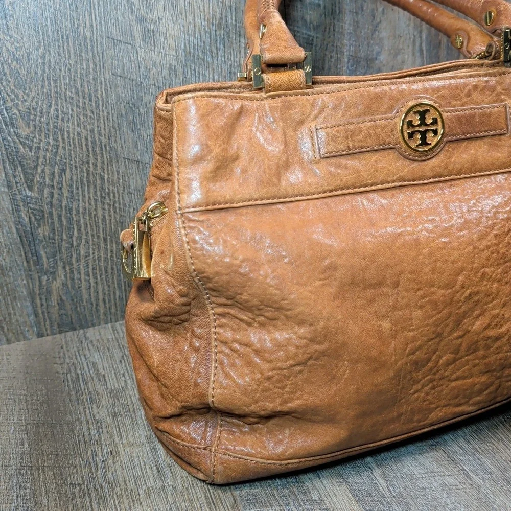 Tory Burch Audra Satchel Bag Brown Leather Double Handle Handbag Purse Tote